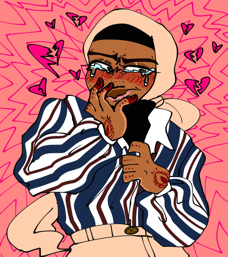 A hijabi character, Langsat. He is trying to hold back tears, broken hearts floats around him. He wears a beige hijab, a dark blue,white and maroon striped shirt over a black turtleneck and beige pants. He has hennas on his hands.