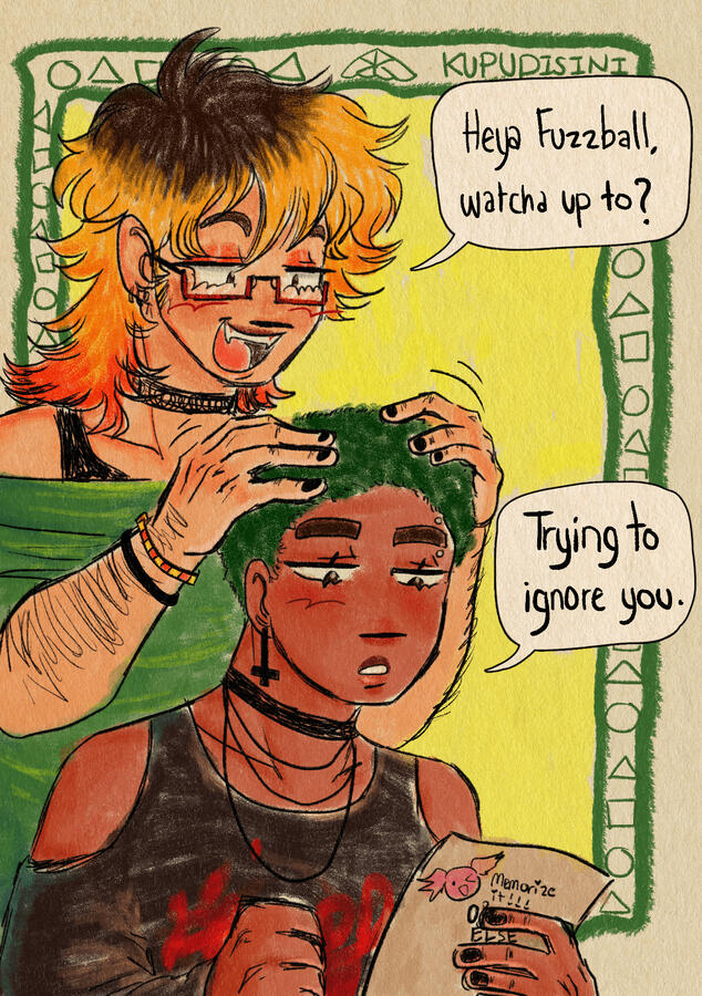 A drawing of my two characters, Akito and Haru, they are sisters. Akito wears a big smile, his two hands are ruffling Haru's head because of her buzzcut.