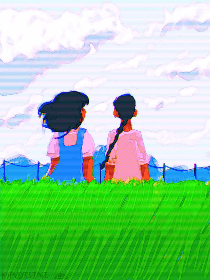 A digital painting of two malaysian highschool girls at the paddy field. Both of them has their back turned to the viewer, the girl in the pinafore stares at the girl in the baju kurung.