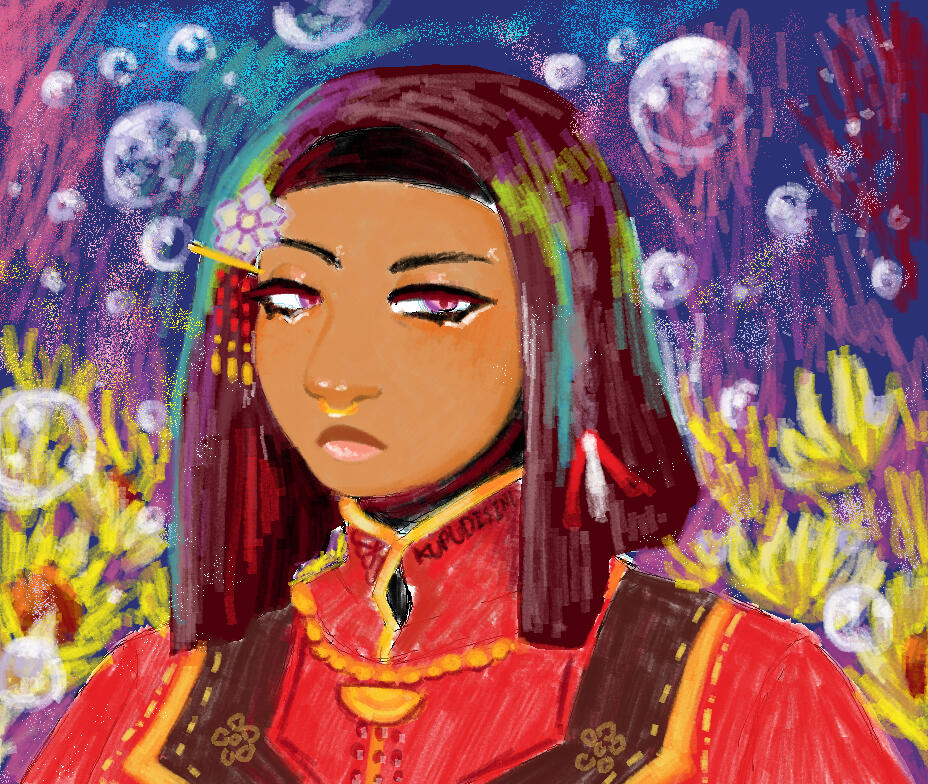 A redraw of project sekai's character, Shinonome Ena's 'On This Blank Canvas' card with my character, Aida. She has brown skin, wears a maroon hijab and a septum piercing.