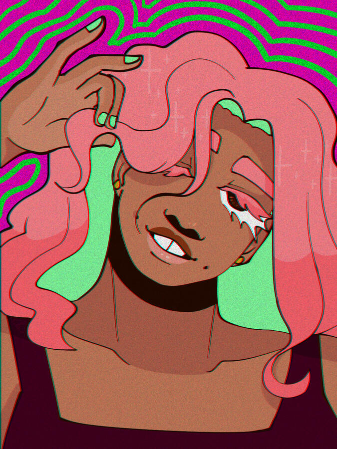 Hari has pastel pink and green hair, its hair is pink on the outside and green in the inside.