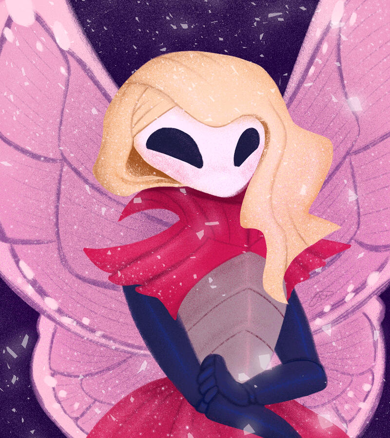 Marissa from Hollow Knight, she is wearing a yellow hijab.