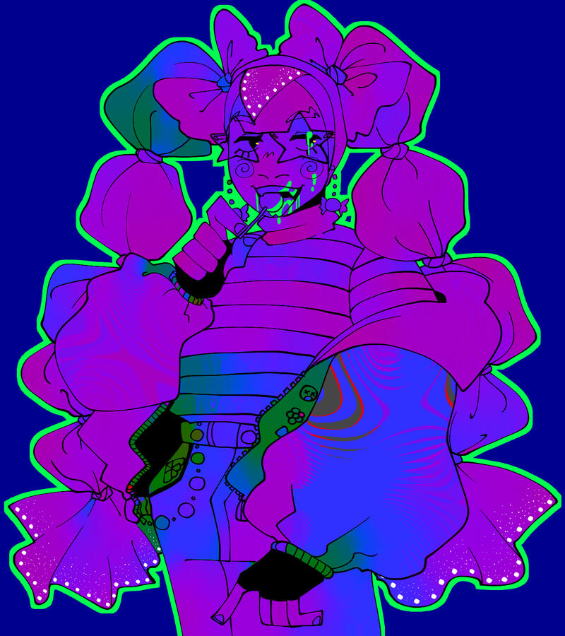 A hijabi character, Cinta. Its wearing harajuku fashion. Its licking a lollipop while green liquid drips from its mouth.