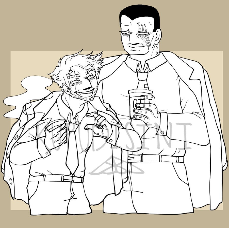 Drawing of two men drinking together. A shorter man, holds a steaming cup of coffee, he is elbowing playfully to the taller man. The taller man has a soft smile, he is holding a cup of oil. Because he is a cyborg.