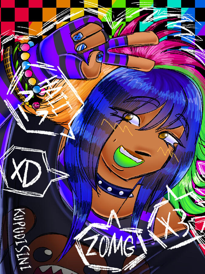 A drawing of a character with scene fashion and aesthetics. The character has brown skin and eyes. Their hair is dyed in orange, pink and bright green. His bangs are dark blue and has racoon stripes. They are doing a peace sign.