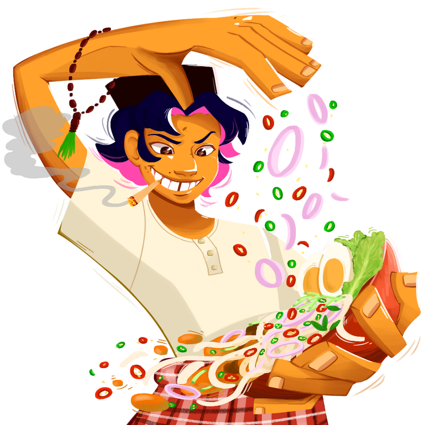 A portrait of the artist, drawn in the style of No Straight Road's talk sprite. Dia has orange complexion, deep blue hair with pink dyes underneath. He has a big grin, with a rokok nipah attached to his mouth. Dia wears a pagoda shirt and kain pelikat.
